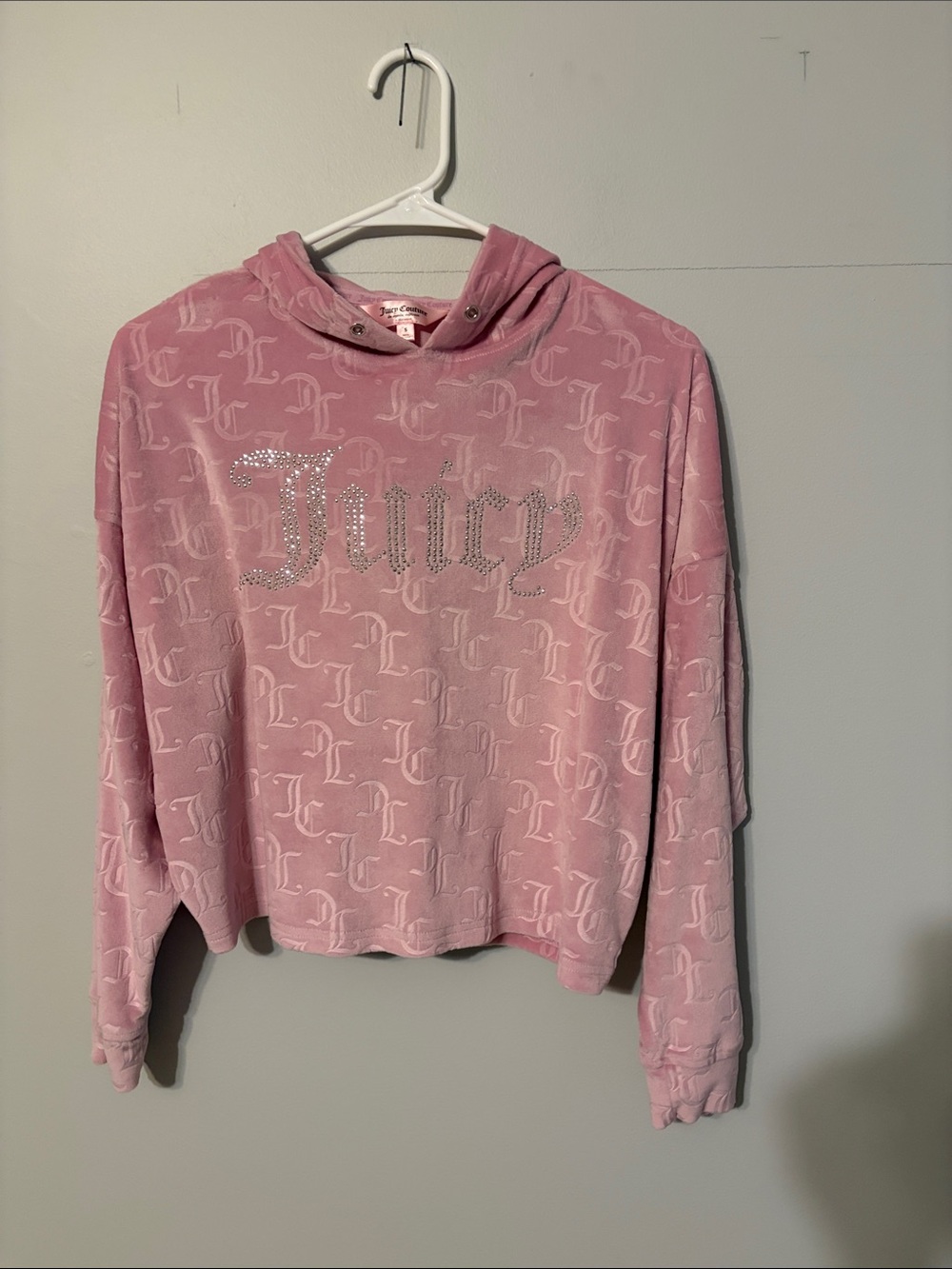 Juicy Couture Light Pink Velour Rhinestone Logo Hoodie. Small.